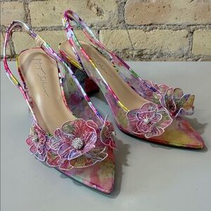 Betsey Johnson Avi Multicolor Floral Appliqué Slingback Heels